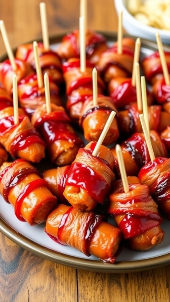 A delicious platter of bacon-wrapped little smokies, garnished with toothpicks, on a rustic wooden table.